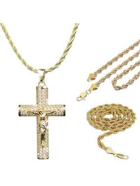 14K Gold Plated Jesus Christ Cross Crucifix 1.5 Bling Crystals Rope Chain